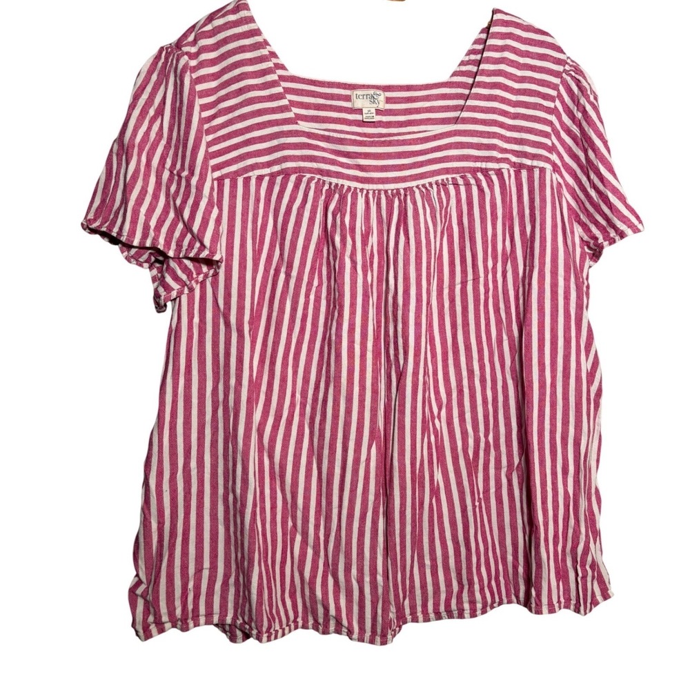 Terra & Sky Womens 3X 24W-26W Striped Linen Blend Square Neck Blouse Top